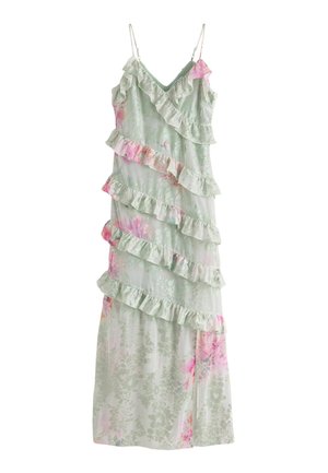Jasnozielona kwiatowa sukienka midi z różowymi akcentami, ukośnymi warstwami falbanek, regulowanymi ramiączkami i dekoltem w serek.