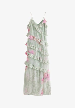 Lysegrøn blomstrede midi-kjole med pink accenter, diagonale flæselag, justerbare spaghetti stropper og en V-udskæring.