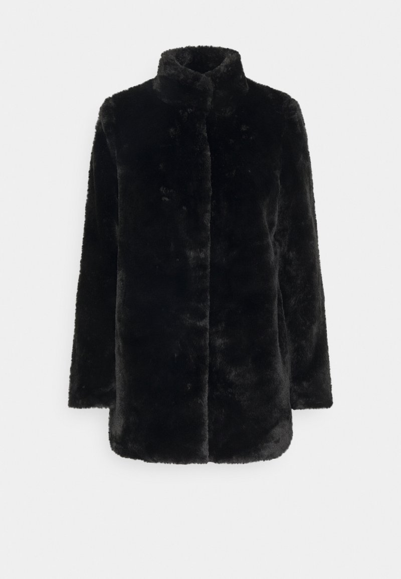 Veste noire à manches longues en fausse fourrure, avec col montant et fermeture avant dissimulée, conçue pour la chaleur et le style.