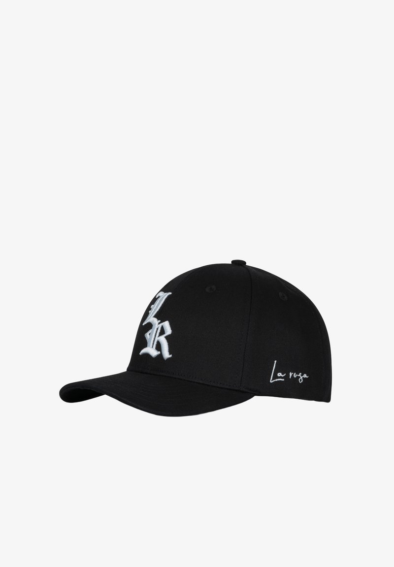 Cappellino da baseball nero con ricamo bianco "LR" sulla parte anteriore e scritta "La rosa" sul lato, con pannelli cuciti e visiera curva.