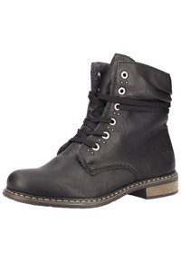 Bottine en cuir noir avec une finition texturée, bout rond, semelle en caoutchouc et lacets à l'avant. Présente un col doublé de gris et des œillets en métal.