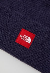 Beanie lavorato a maglia di colore blu scuro, con una toppa rettangolare rossa su cui è stampato in bianco il testo "THE NORTH FACE" e un design logo curvo.