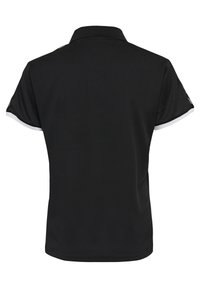 Sort polo shirt lavet af tekstureret stof, med en klassisk krave, korte ærmer med hvid kant og en figursyet silhuet.