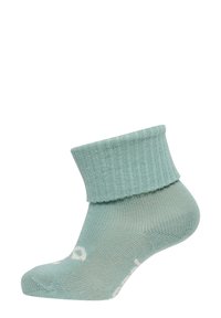 Mintgrön ankelstrumpa med ribbad mudd och slät yta, med vit text på sidan.