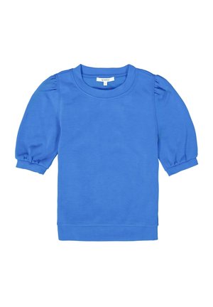 Suéter azul con mangas cortas abullonadas, escote redondo y una textura suave. Presenta un dobladillo acanalado y un diseño simple.