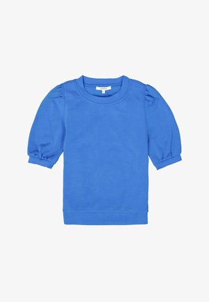 Blauwe pullover met korte pofmouwen, ronde halslijn en een zachte textuur. Heeft een geribbelde zoom en een eenvoudig ontwerp.