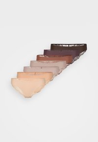 Seven lace-trimmed women's bikini briefs in shades from beige, peach, and mauve to dark brown, arranged in a diagonal line on white background.