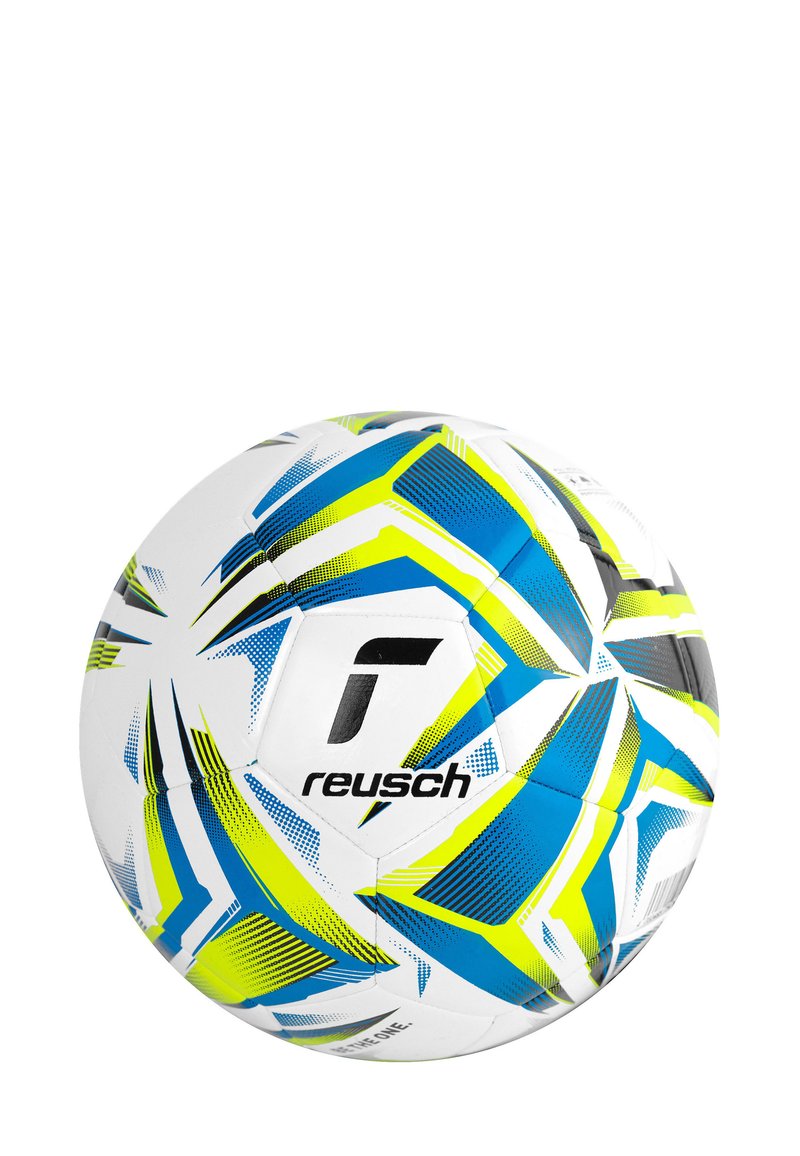 Soccer ball with a white surface featuring blue, yellow, and black angular patterns. Logo "reusch" is prominently displayed.