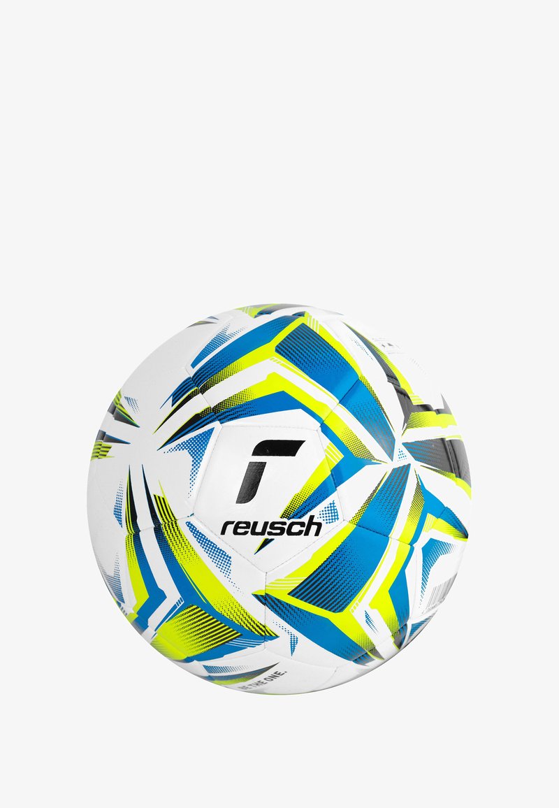 Soccer ball with a white surface featuring blue, yellow, and black angular patterns. Logo "reusch" is prominently displayed.