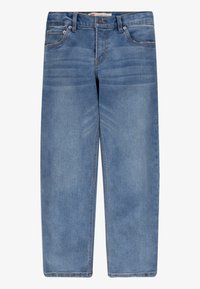 Světle modré džíny ze denimu s volným střihem, rovnými nohavicemi, předními kapsami a zapínáním na knoflík. Diskrétní vyblednutí látky.