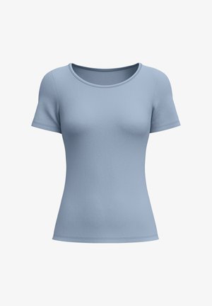 Hellblaues, eng anliegendes T-Shirt mit kurzen Ärmeln und Rundhalsausschnitt, aus glattem Stoff mit dezenten Nahtdetails an Ärmeln und Saum.
