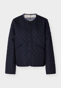 Μπλε ναυτικό καπιτονέ μπουφάν με στρογγυλή λαιμόκοψη, κλείσιμο με κουμπάκια πατώντας, πλάγιες τσέπες και καρό φόδρα ορατή στο γιακά.