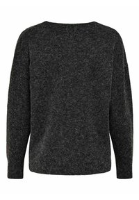 Pull gris foncé en maille duveteuse avec manches longues et col rond, vu de dos.