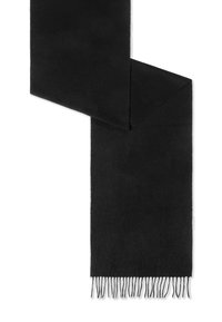 Black scarf made of soft fabric, featuring a smooth texture, rectangular shape, and fringed ends for added detail.