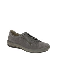 Gray suede sneaker with a textured finish, lace-up design, side zipper, and a rubber sole for traction. Simplistic and functional appearance.