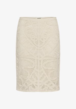 Põlveni ulatuv kreemikas seelik, mis on kaunistatud keerukate kootud mustritega ja millel on istuv lõige. Sile tekstuur peene läikega. Brändi silt: soaked.