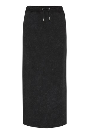 Svart, knelang skjørt laget av myk stoff, med elastisk liv med snor. Glatt tekstur med subtil marmorering.