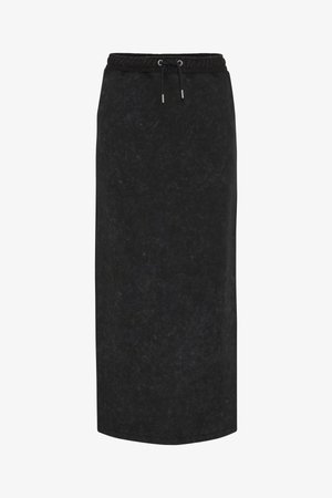 Schwarzer, knielanger Rock aus weichem Stoff, mit elastischem Bund und Kordelzug. Glatte Textur mit dezentem Marmorierungsmuster.