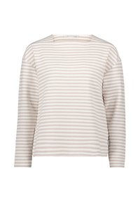 Leichtes Langarmshirt mit lockerer Passform, das horizontale Streifen in Creme und Beige zeigt. Weiche Textur und runder Ausschnitt.