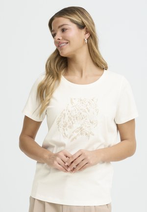 Crèmekleurig katoenen T-shirt met korte mouwen en een ronde hals, met een beige luipaardgrafiek op de voorkant.