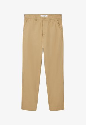Pantalons en coton beige avec une taille plate, deux poches latérales et une coupe droite. Comprend une fermeture à bouton et des passants de ceinture.
