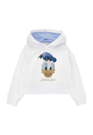 Sweat à capuche court blanc avec doublure de capuche rayée bleue, avec un visage de Donald Duck en sequins et un texte doré "Donald Duck" sur le devant.