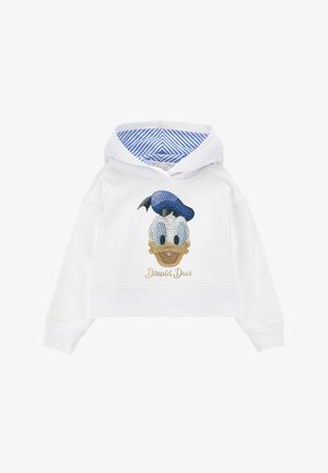 Sweat à capuche court blanc avec doublure de capuche rayée bleue, avec un visage de Donald Duck en sequins et un texte doré "Donald Duck" sur le devant.