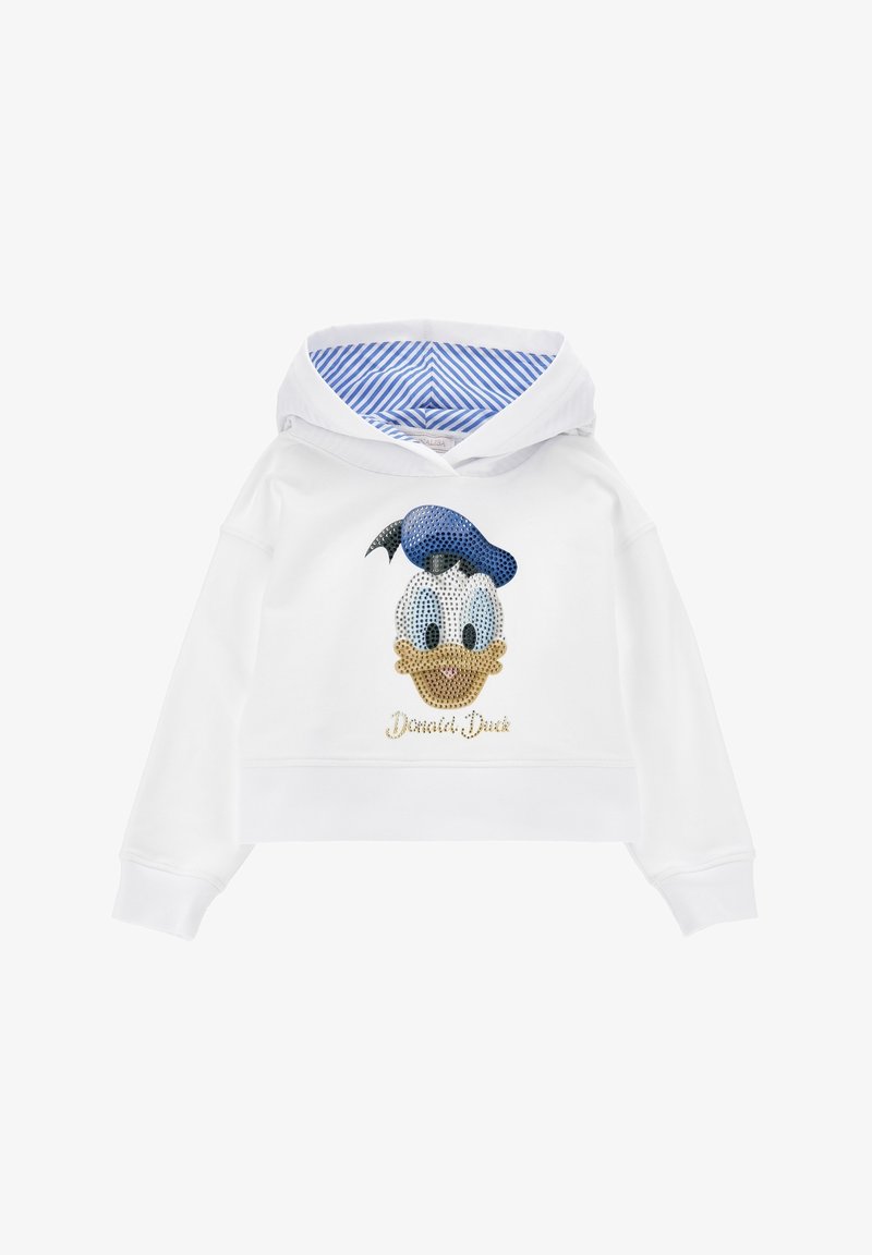 Sweat à capuche court blanc avec doublure de capuche rayée bleue, avec un visage de Donald Duck en sequins et un texte doré "Donald Duck" sur le devant.