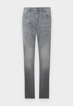 Pelēki denim džinsi ar izbalējušu dizainu, piecu kabatu stils, pogu aizdare un taisna kāju forma. Gluda tekstūra ar nelielu nodilumu malās.