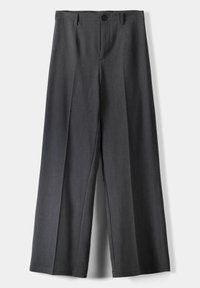 Gray wide-leg trousers with a smooth texture, featuring two front pleats, a single button closure, and belt loops on a white background.