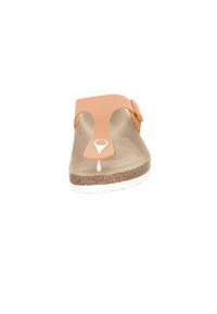 Orange thong sandal with a textured upper, buckle strap, and cork footbed, featuring a white rubber sole and a small decorative accent.