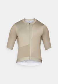 Kortslepet, beige sykkeltrøye laget av glatt, elastisk stoff; har full front glidelås og en glidelåslomme på brystet.