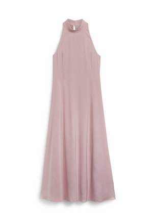 Robe sans manches rose avec un col montant, forme A fluide, texture de tissu lisse et fermeture à dos en trou de serrure.