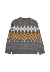 Maglione grigio lavorato a maglia con motivo argyle bianco, nero e giallo senape su petto e maniche, con polsini e orlo a coste.