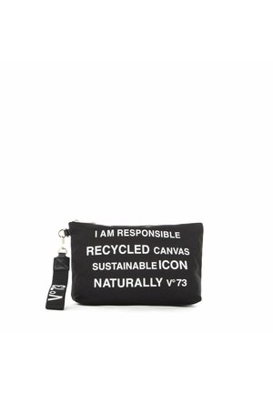 Pochette en toile recyclée noire avec texte blanc : « JE SUIS RESPONSABLE TOILE RECYCLÉE ICÔNE SOSTENABLE NATURELLEMENT v°73. » Comprend une sangle amovible.