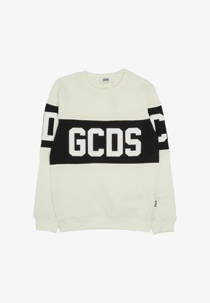 Weißer Sweatshirt mit schwarzem horizontalem Streifen und großen weißen Buchstaben "GCDS". Abgerundeter Ausschnitt, lange Ärmel und gerippte Bündchen.
