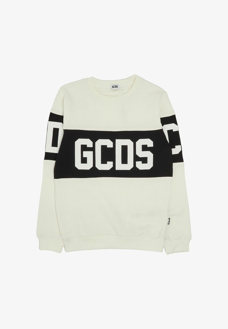 Weißer Sweatshirt mit schwarzem horizontalem Streifen und großen weißen Buchstaben "GCDS". Abgerundeter Ausschnitt, lange Ärmel und gerippte Bündchen.