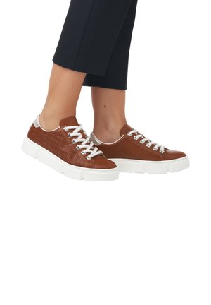 Brown leather sneakers with a textured side, white rubber sole, and contrasting laces. Round toe and ankle-high design.