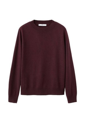 Pull en maille bordeaux avec col rond, manches longues, poignets et ourlet côtelés. Texture lisse, design minimaliste, sans motifs ni ornements.