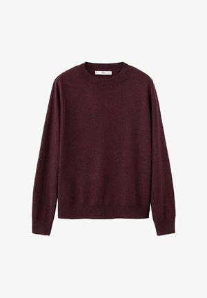 Pull en maille bordeaux avec col rond, manches longues, poignets et ourlet côtelés. Texture lisse, design minimaliste, sans motifs ni ornements.
