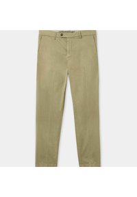 Pantaloni khaki in cotone, caratterizzati da un design a gamba dritta, tasche frontali, chiusura con un solo bottone e una texture liscia.