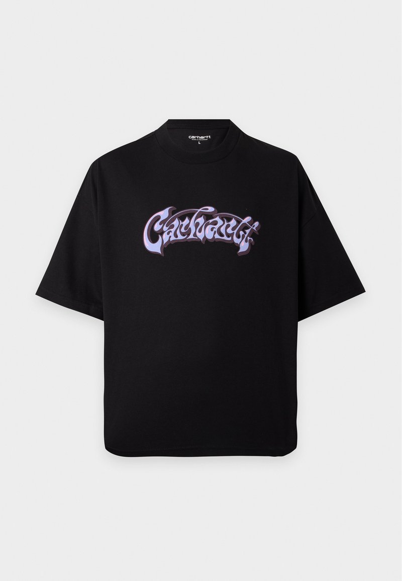 Schwarzes Oversized-T-Shirt mit kurzen Ärmeln, rundem Ausschnitt und lila stilisiertem Text auf der Brust.