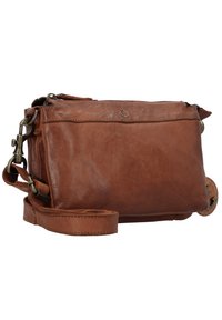 Borsa a tracolla in pelle marrone con chiusura a zip, tracolla regolabile e dettagli in ottone. Texture liscia e forma rettangolare.