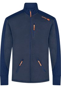 Mørkeblå lynlåsjakke med orange detaljer, sidelommer med lynlås og høj krave. Lavet af blødt, struktureret stof med lange ærmer.