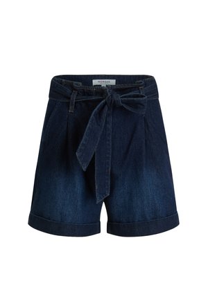 Dark denim shorts with a tied belt, pleated front, rolled cuffs, and a label at the waistband. Textured fabric with a smooth finish.
