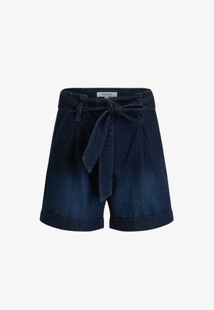Shorts in denim scuro con cintura annodata, fronte plissettato, orli arrotolati e etichetta in vita. Tessuto testurizzato con una finitura liscia.