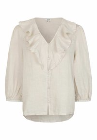 Blusa beige chiaro in tessuto testurizzato con scollo a V, parte anteriore arricciata e chiusura con bottoni. Presenta maniche lunghe a palloncino.