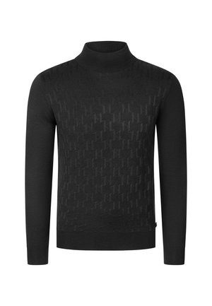Pull noir à manches longues avec col montant et motif texturé subtil sur le devant, avec poignets et ourlet côtelés.