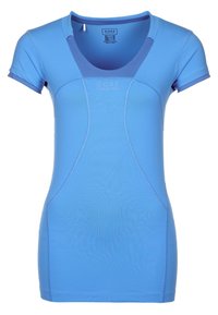 Blå atletisk kortärmad tröja med en figurnära design, andningsbart material, mesh-detaljer runt halsringningen och logotyp på framsidan.