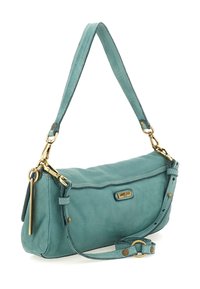 Borsa a spalla in pelle teal con hardware dorato, manico corto e tracolla regolabile e staccabile.